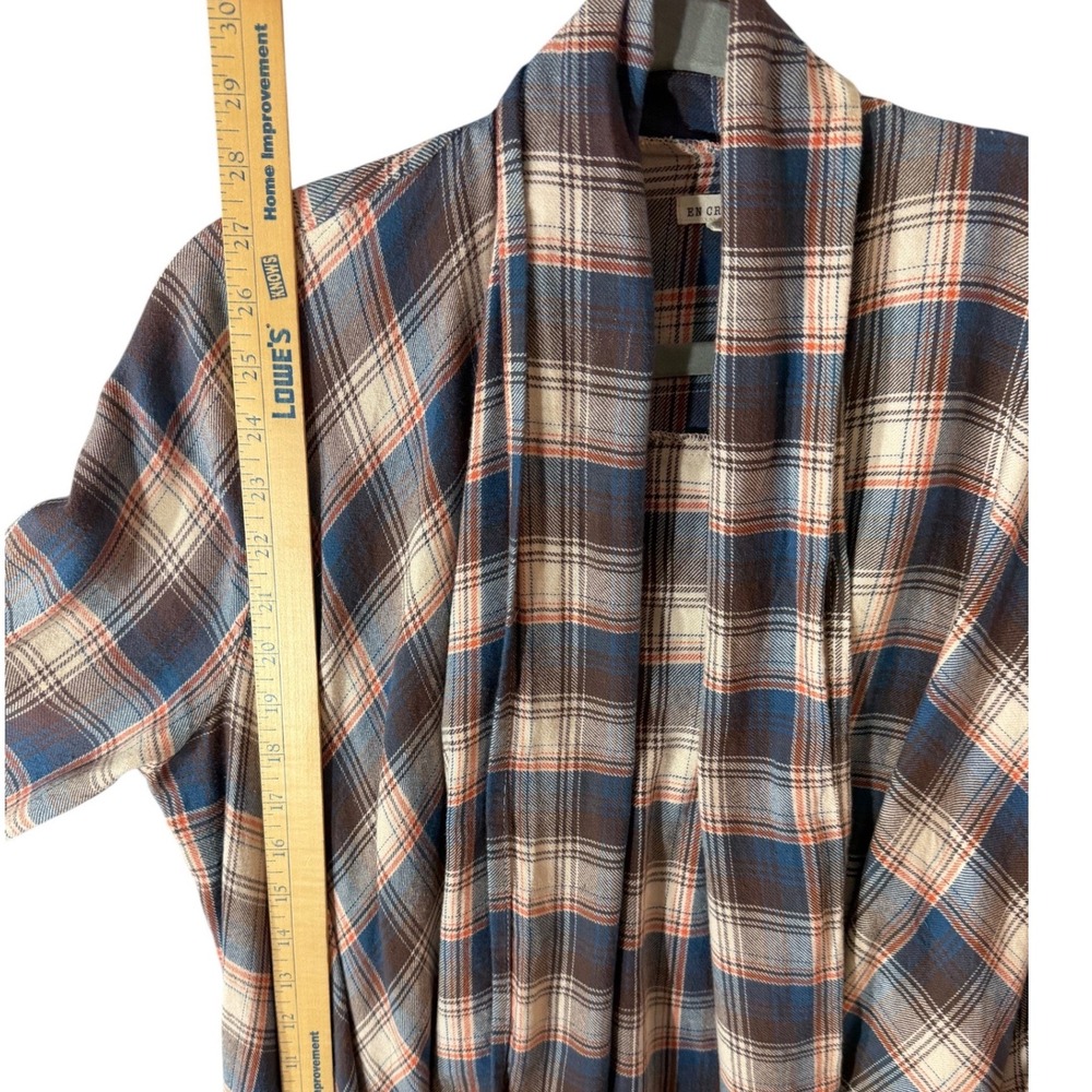 En Creme Medium Plaid Fringe Cardigan Waterfall Kimono Blue Cream Boho Western - Picture 8 of 11